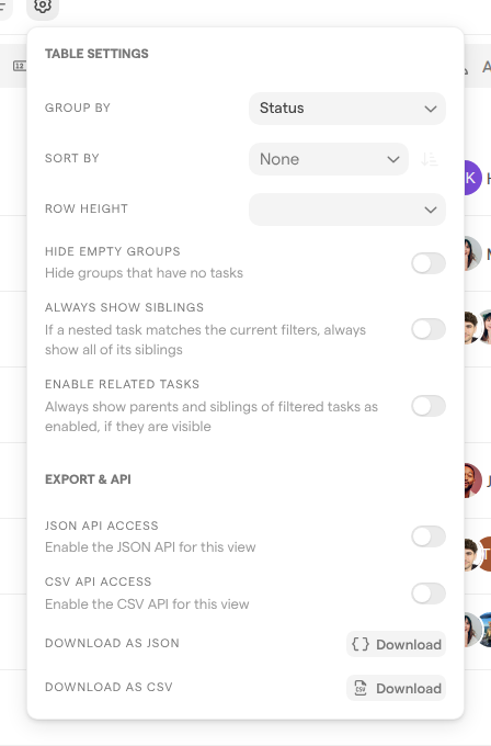 The Table settings menu of the By status view, grouped by Status.