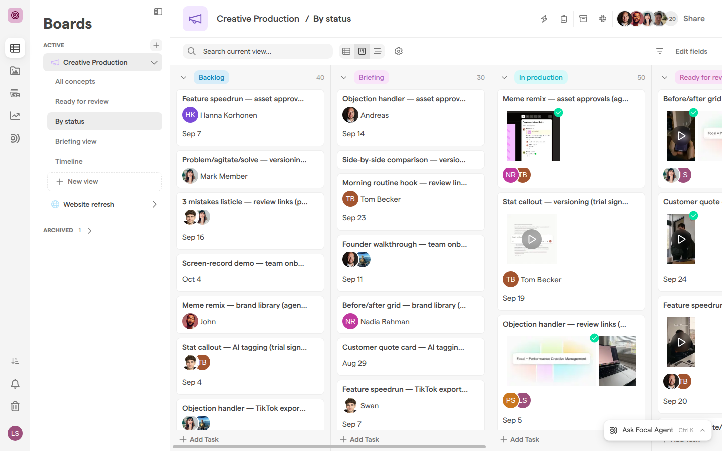 The By status view in the Kanban layout, with lanes for Backlog, Briefing, In production and Ready for review.