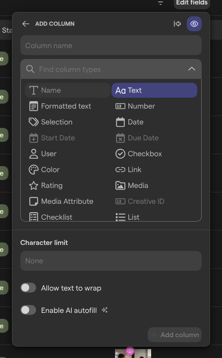 The Add column panel with the list of column types open.