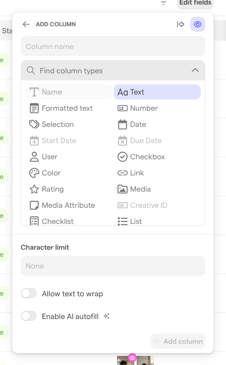 The Add column panel with the list of column types open.