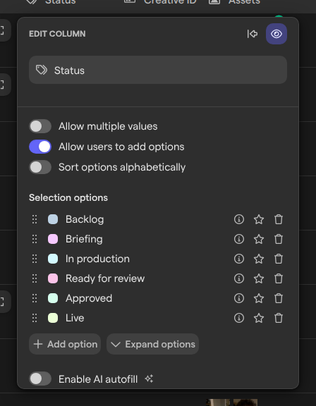 The Edit column panel for the Status column, showing its switches and selection options.