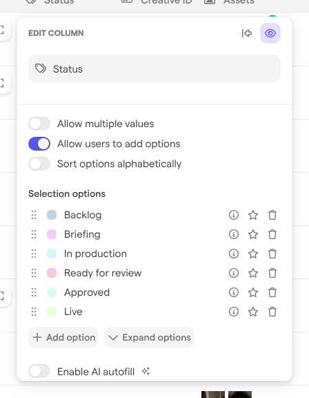 The Edit column panel for the Status column, showing its switches and selection options.