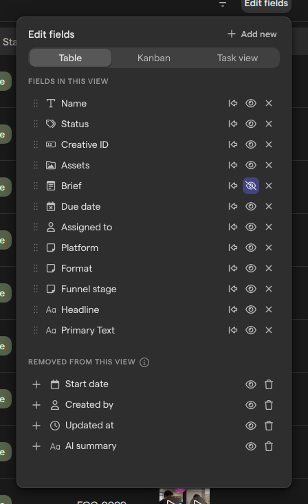 The Edit fields panel on the Table tab, listing the fields in the view and the fields removed from it.