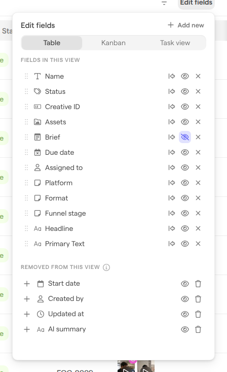 The Edit fields panel on the Table tab, listing the fields in the view and the fields removed from it.