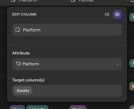 The Edit column panel for the Platform attribute column, showing its attribute and its target column.