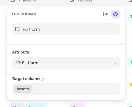 The Edit column panel for the Platform attribute column, showing its attribute and its target column.