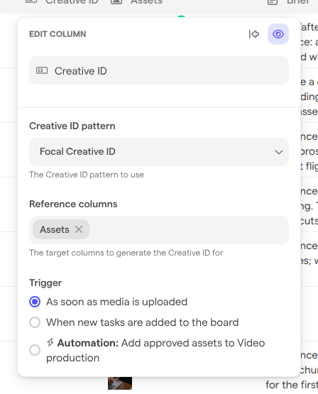 The Edit column panel for the Creative ID column, showing the Focal Creative ID pattern, the Assets reference column and the trigger options.