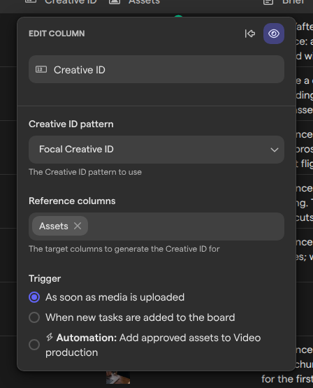 The Edit column panel for the Creative ID column, showing the Focal Creative ID pattern, the Assets reference column and the trigger options.