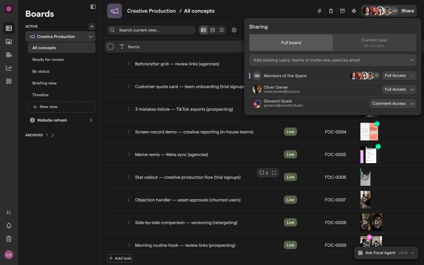 The Creative Production board with the Sharing panel open on Full board, listing Members of this Space and Oliver Owner with Full Access and Giovanni Guest with Comment Access.