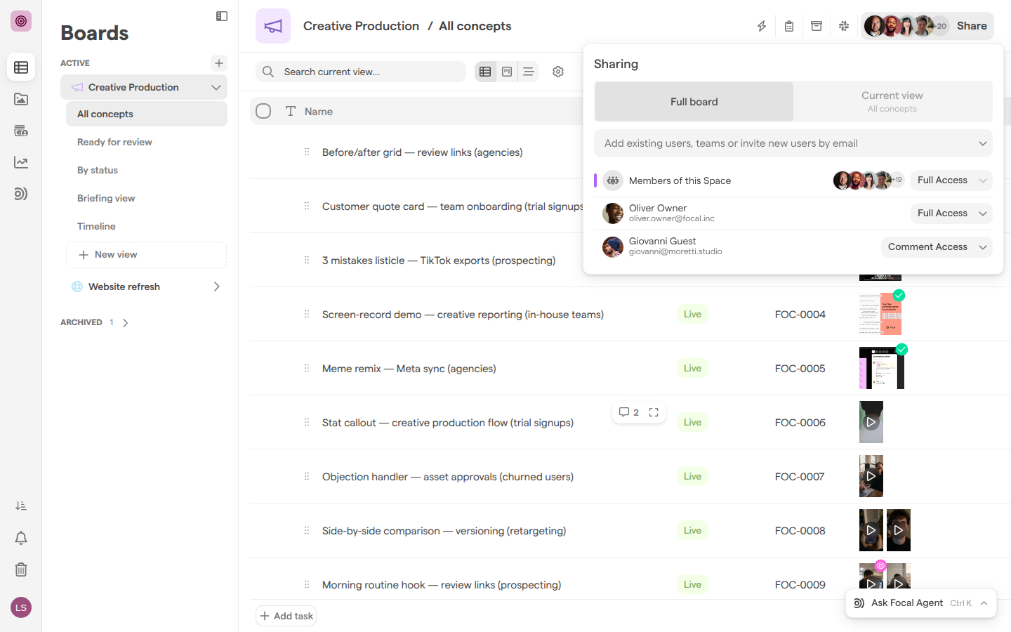 The Creative Production board with the Sharing panel open on Full board, listing Members of this Space and Oliver Owner with Full Access and Giovanni Guest with Comment Access.
