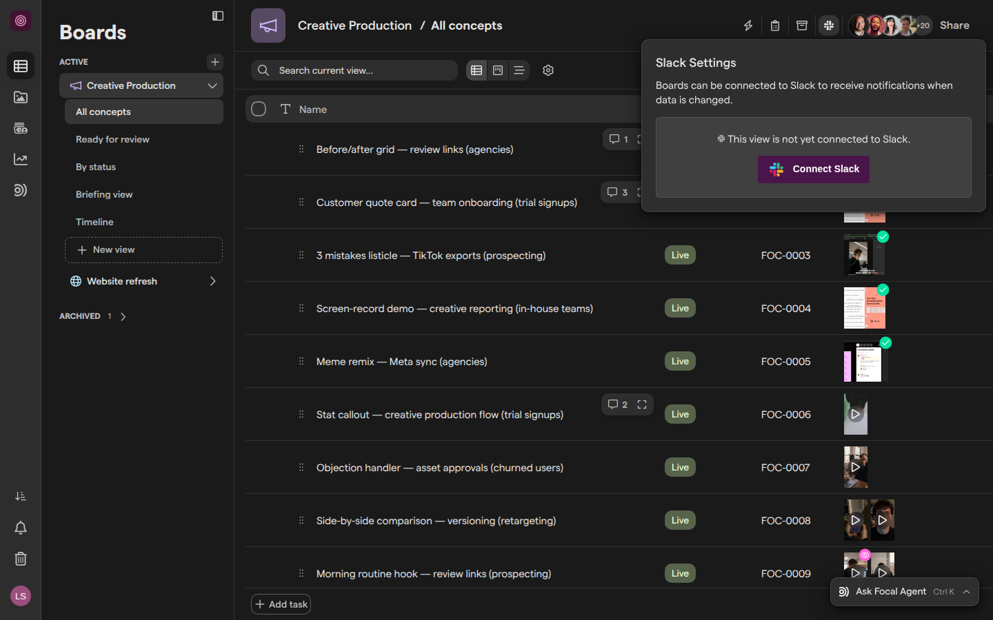 A board with its Slack Settings popover open, showing that the view is not yet connected to Slack and a Connect Slack button.