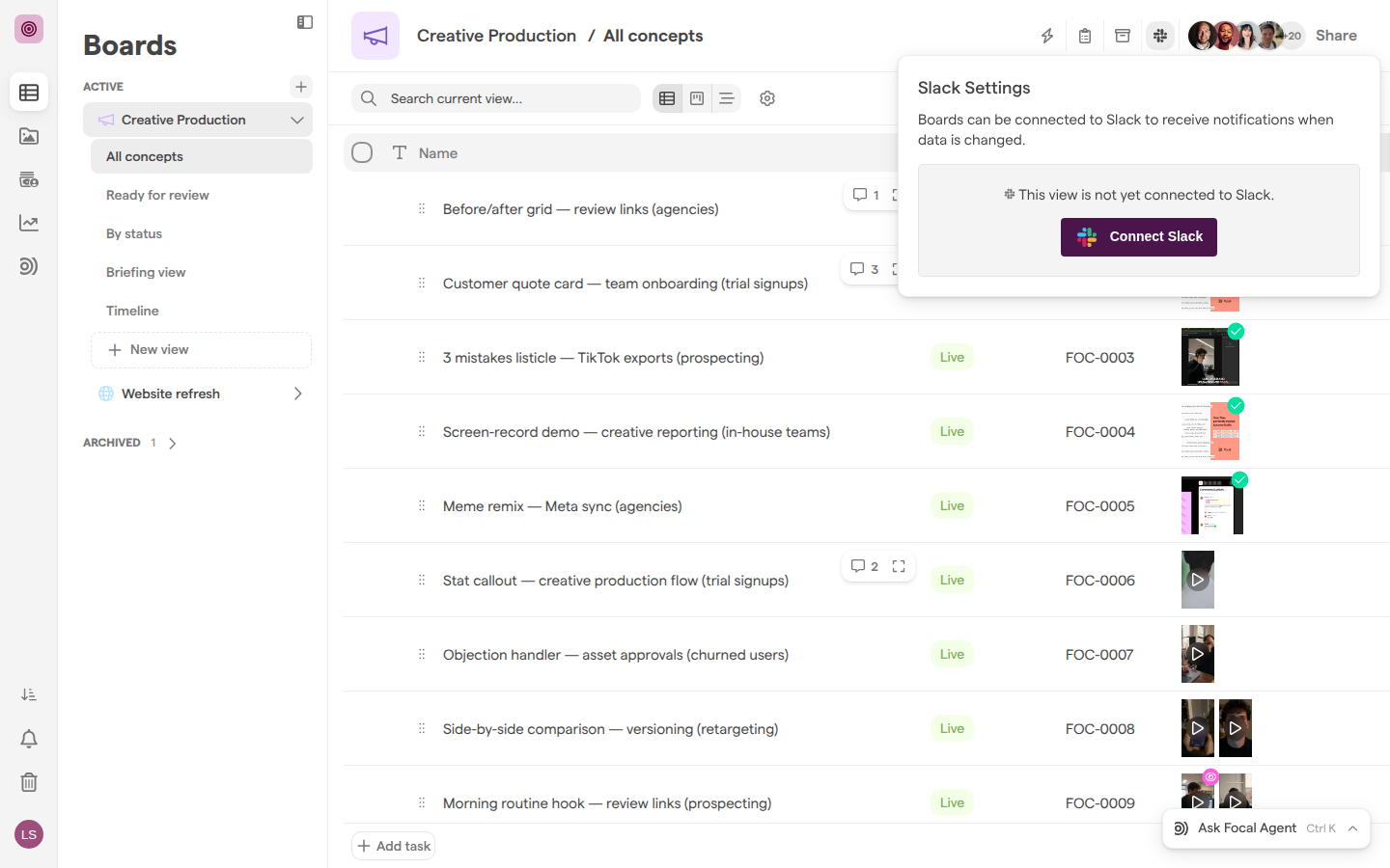A board with its Slack Settings popover open, showing that the view is not yet connected to Slack and a Connect Slack button.