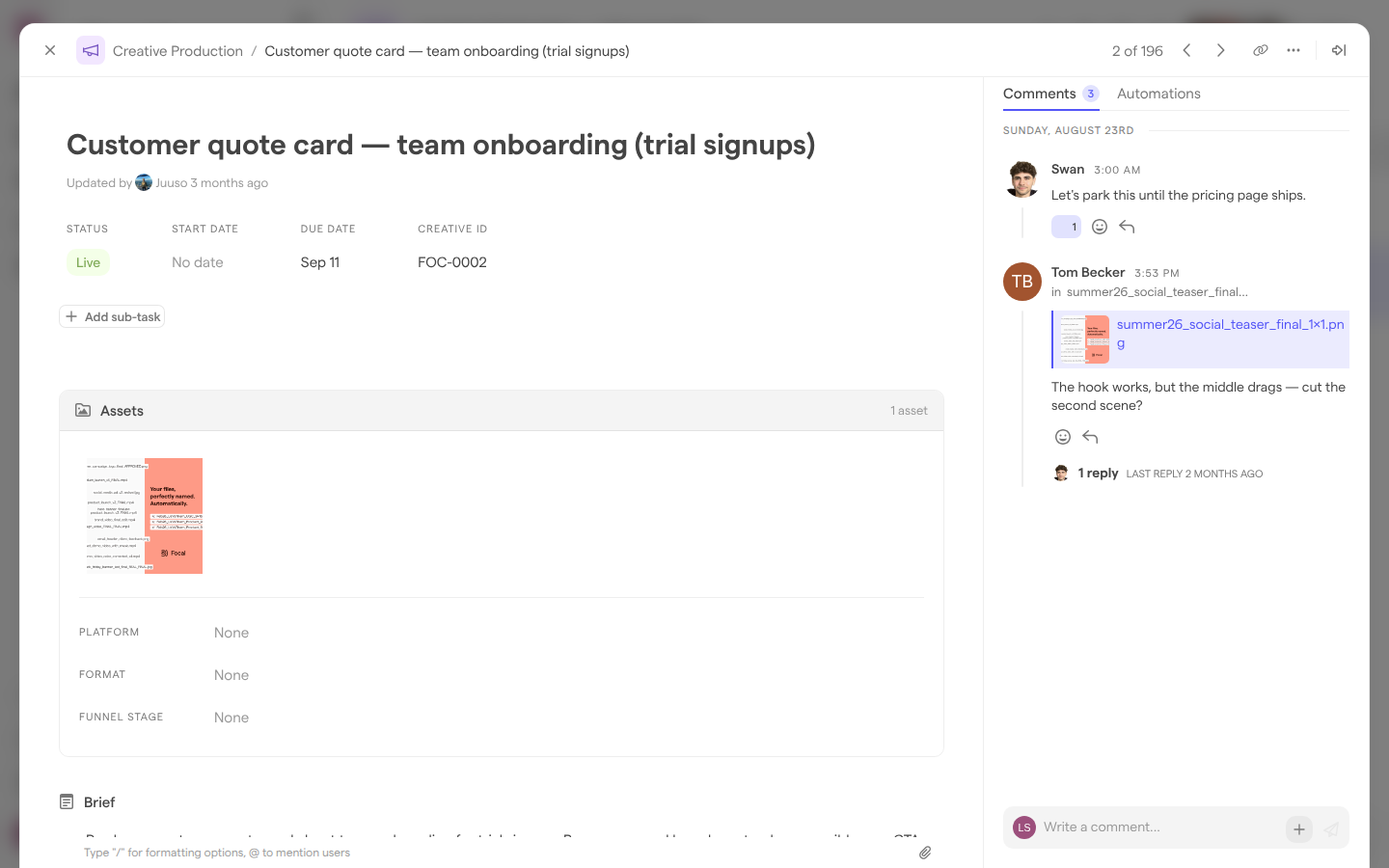 The detail view of a task, with its status, dates, assets and brief on the left and its comments on the right.