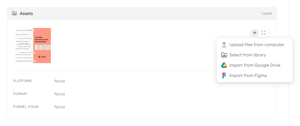 The Assets section of a task with its add menu open, listing upload from computer, select from library, Google Drive and Figma.