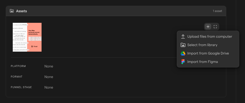 The Assets section of a task with its add menu open, listing upload from computer, select from library, Google Drive and Figma.