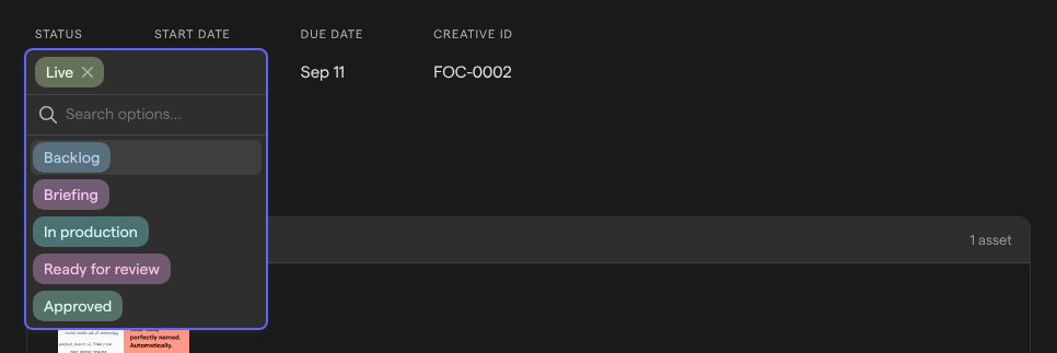 The status picker on a task, showing the current status and the board’s other statuses.