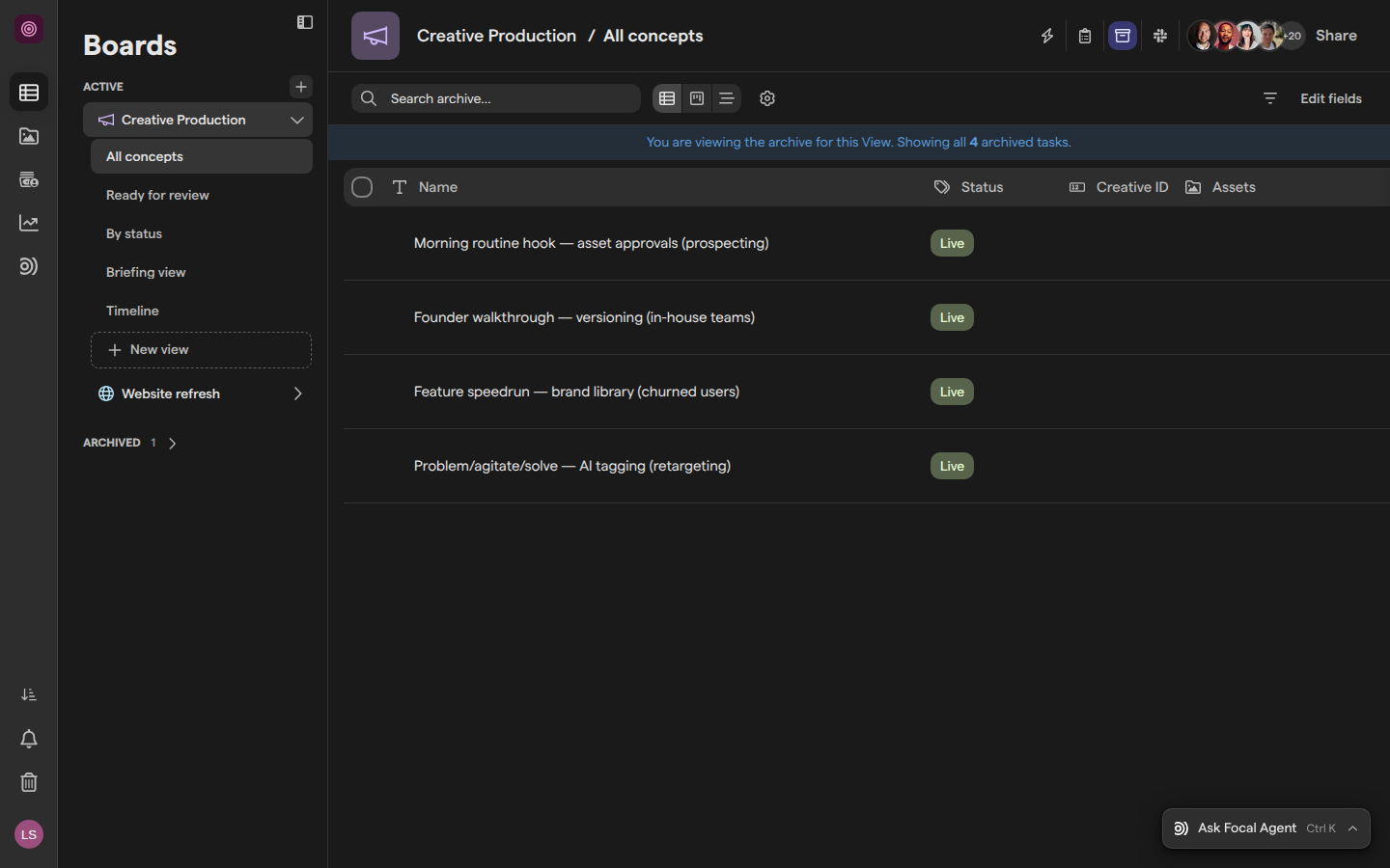 A board’s archived view, with a banner above four archived tasks.