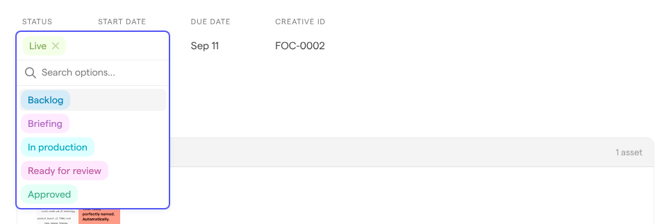 The status picker on a task, showing the current status and the board’s other statuses.