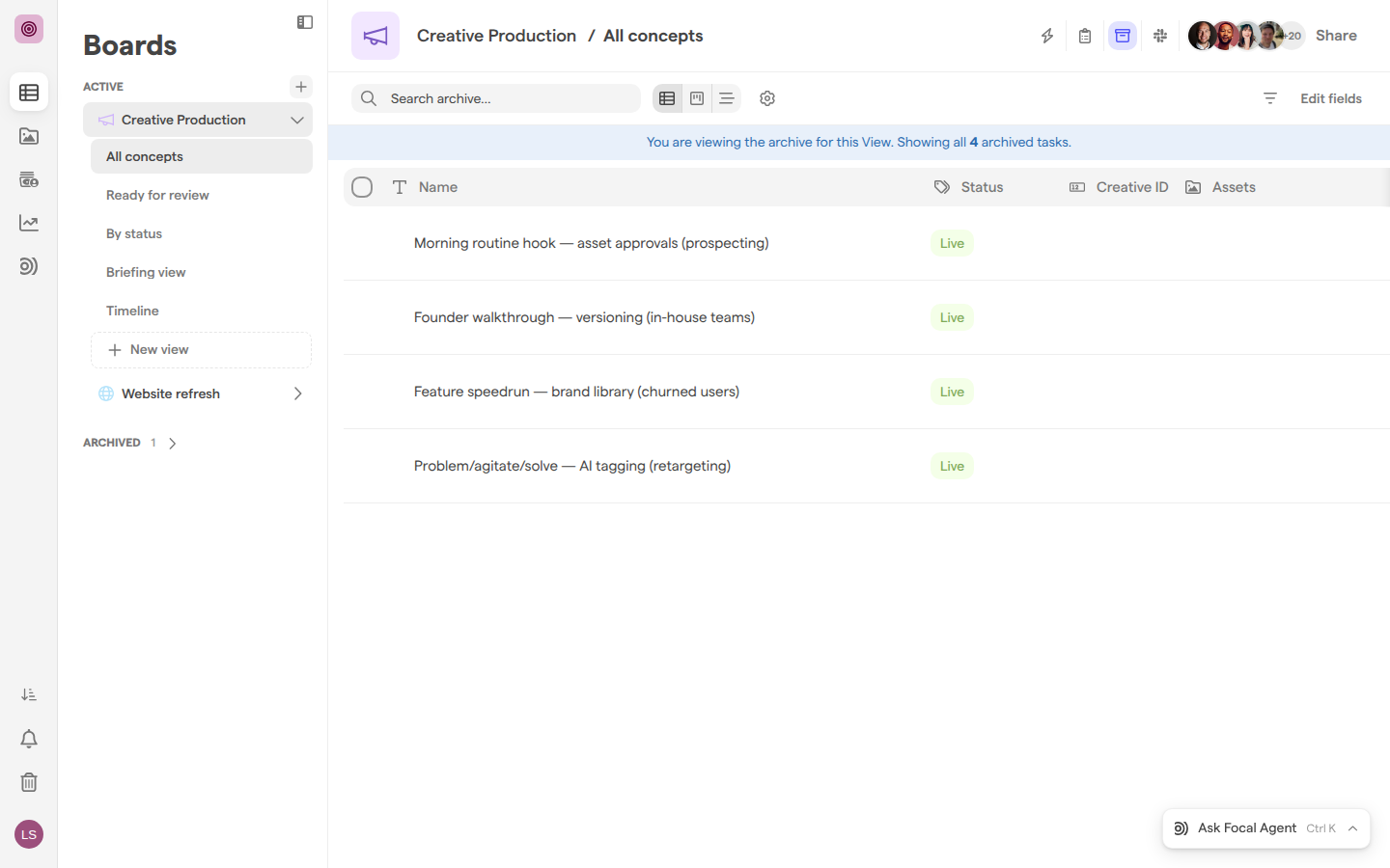 A board’s archived view, with a banner above four archived tasks.