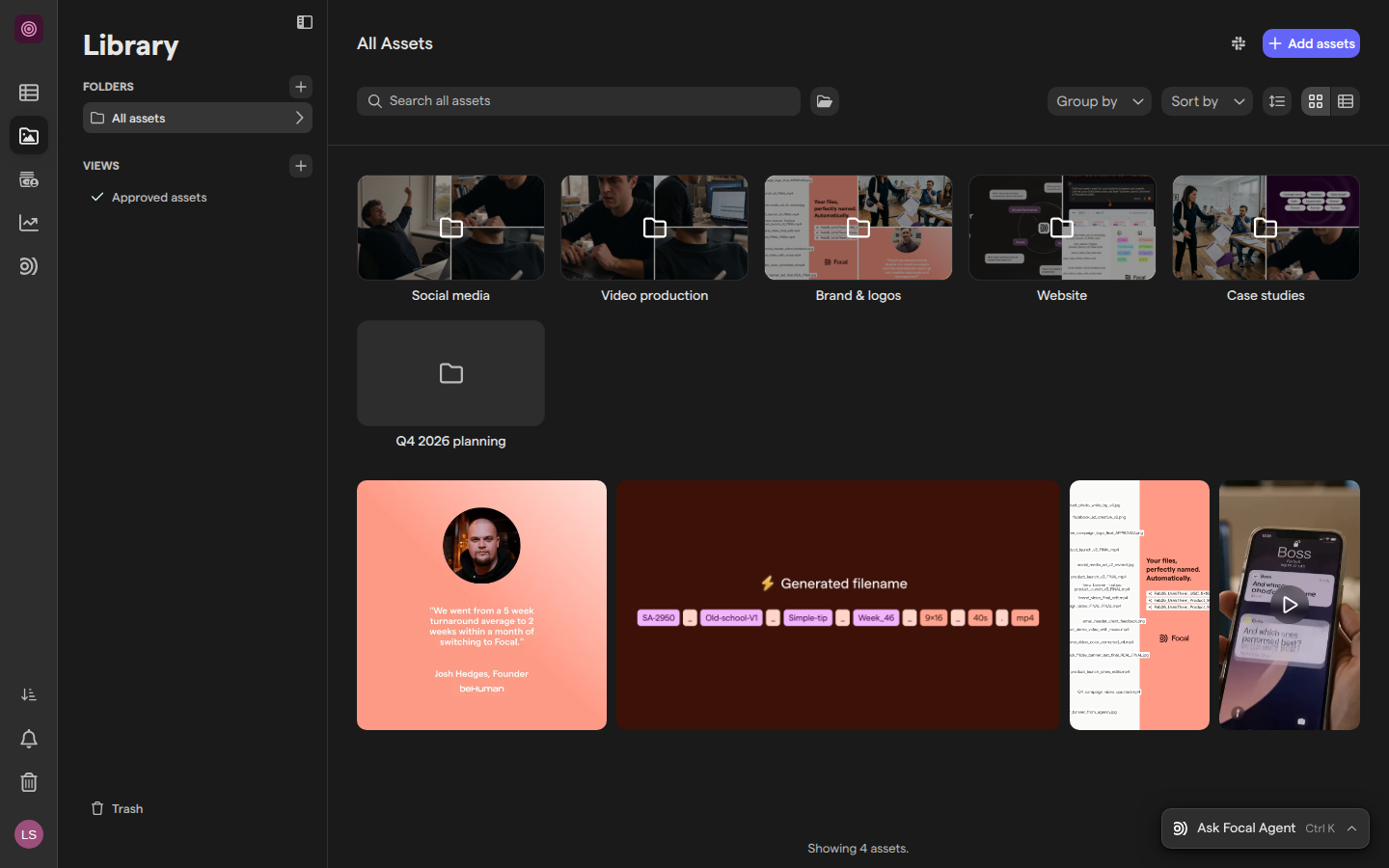 The asset library in the Focal Marketing space, with its folders, a saved view, the Trash link at the bottom of the library sidebar and four assets.