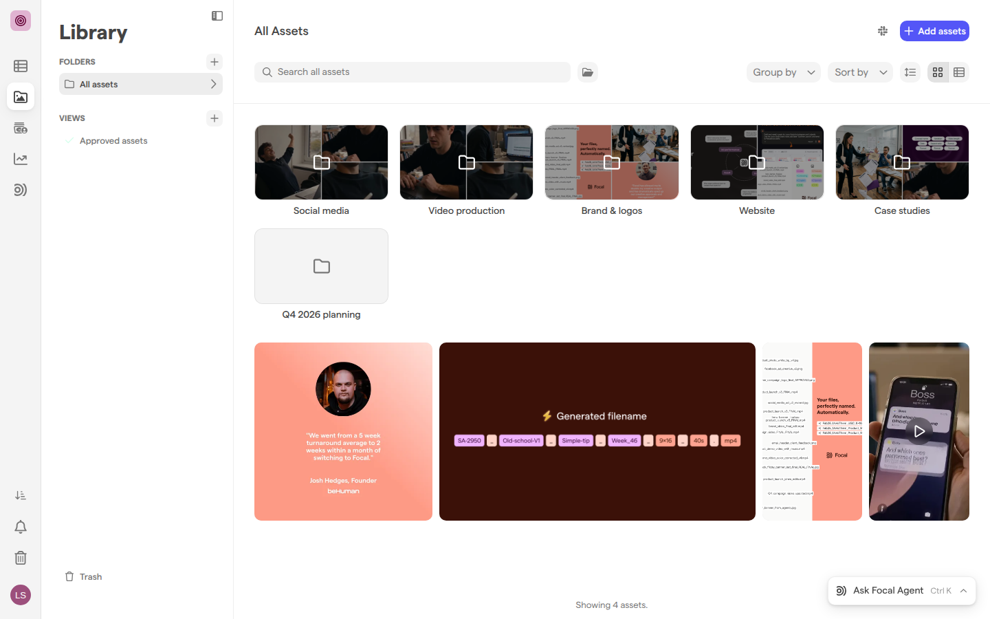 The asset library in the Focal Marketing space, with its folders, a saved view, the Trash link at the bottom of the library sidebar and four assets.