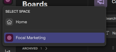 The Select space list, with Home and the Focal Marketing space.
