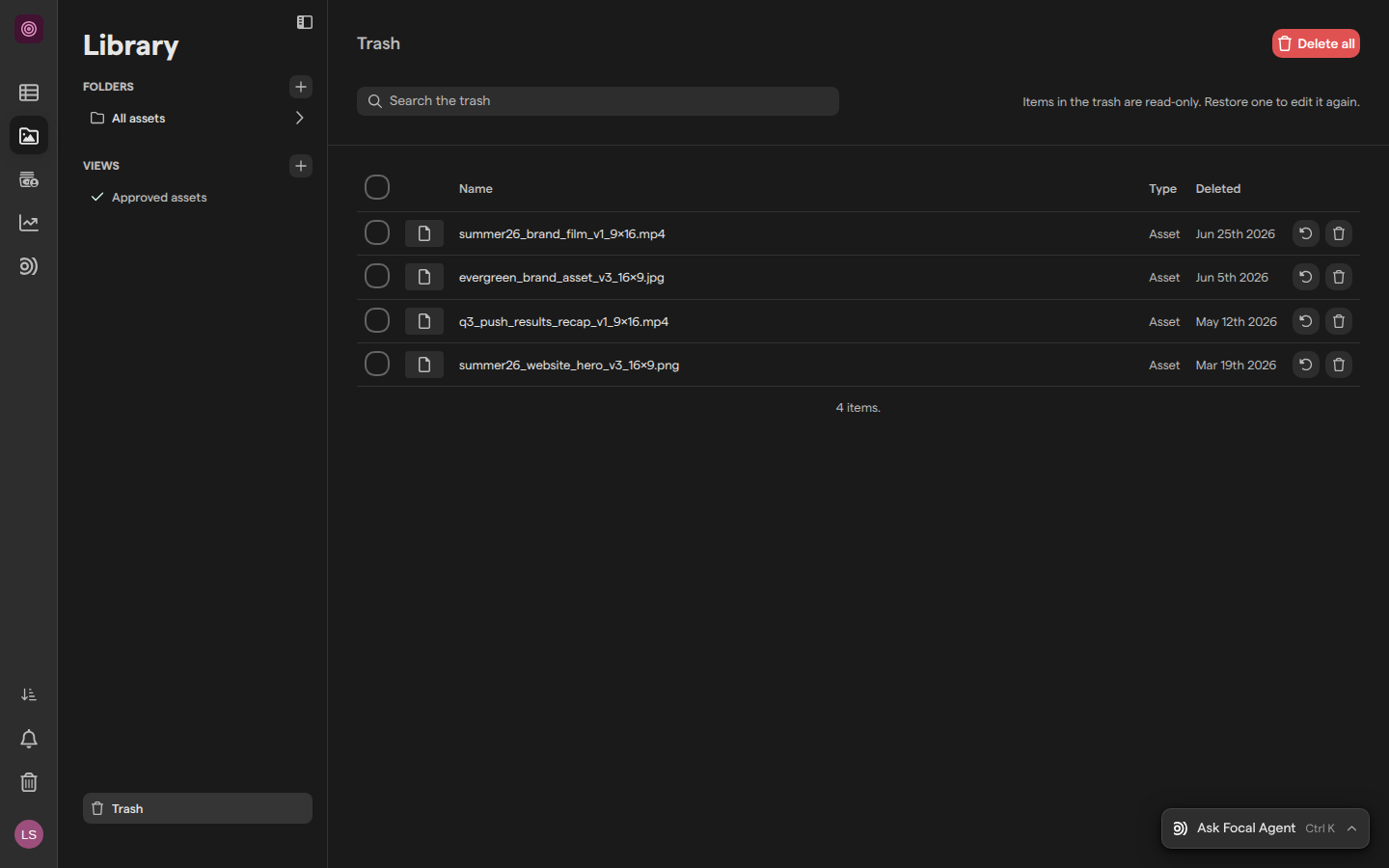 The asset library’s Trash page, listing four archived assets with their type and the date each was archived.