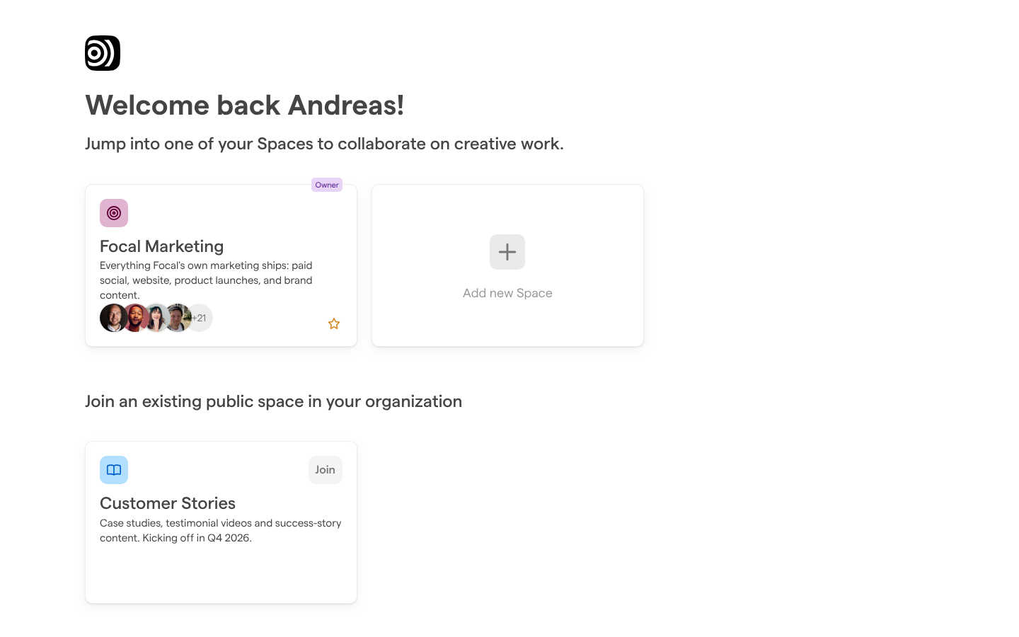 The Focal home page after sign-in, with the Focal Marketing space card marked Owner and a public space to join below it.