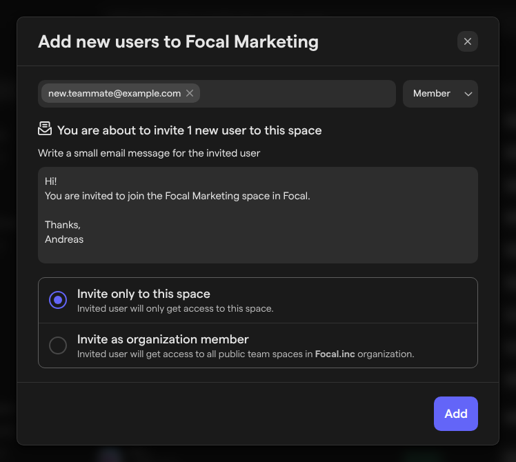 The Add new users to Focal Marketing dialog, with an invited address, the Guest role, the email message and the two invite options.