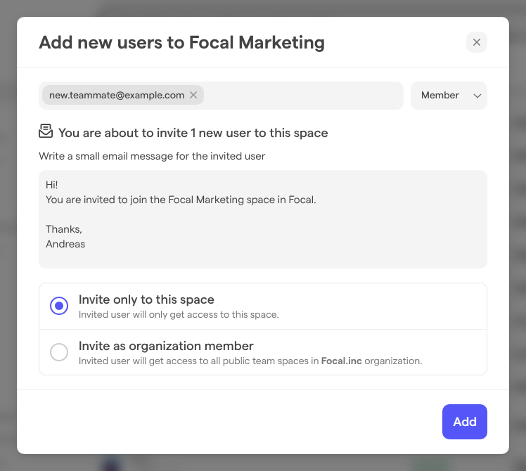 The Add new users to Focal Marketing dialog, with an invited address, the Guest role, the email message and the two invite options.