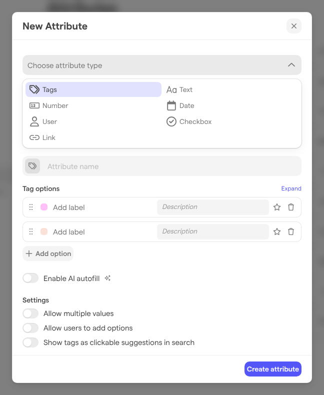 The New Attribute dialog, with the attribute types listed and Tags selected, and two empty tag options.