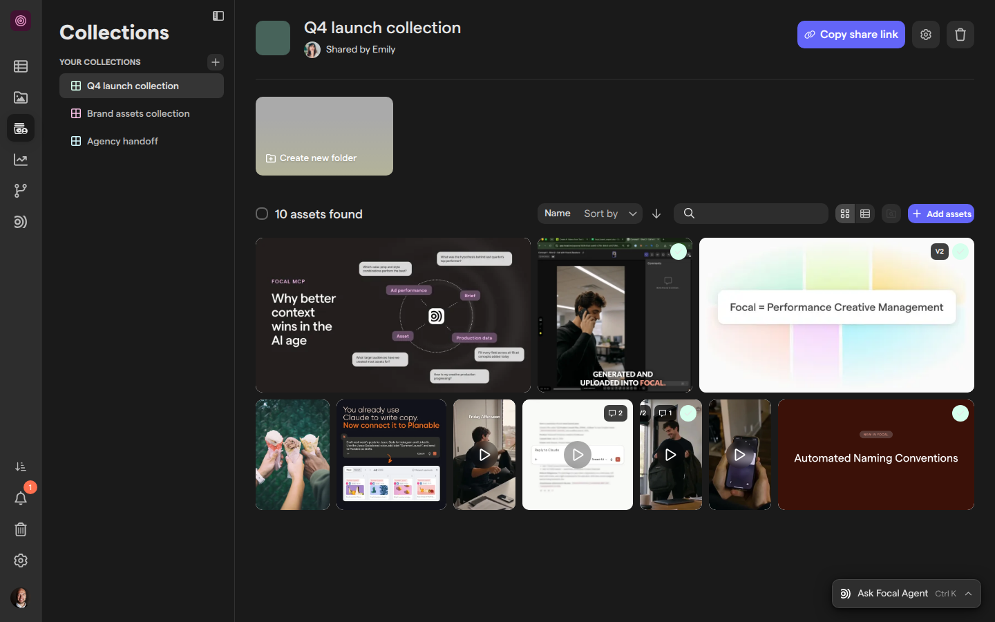 The Q4 launch collection, with Copy share link at the top right and its ten assets in a grid.