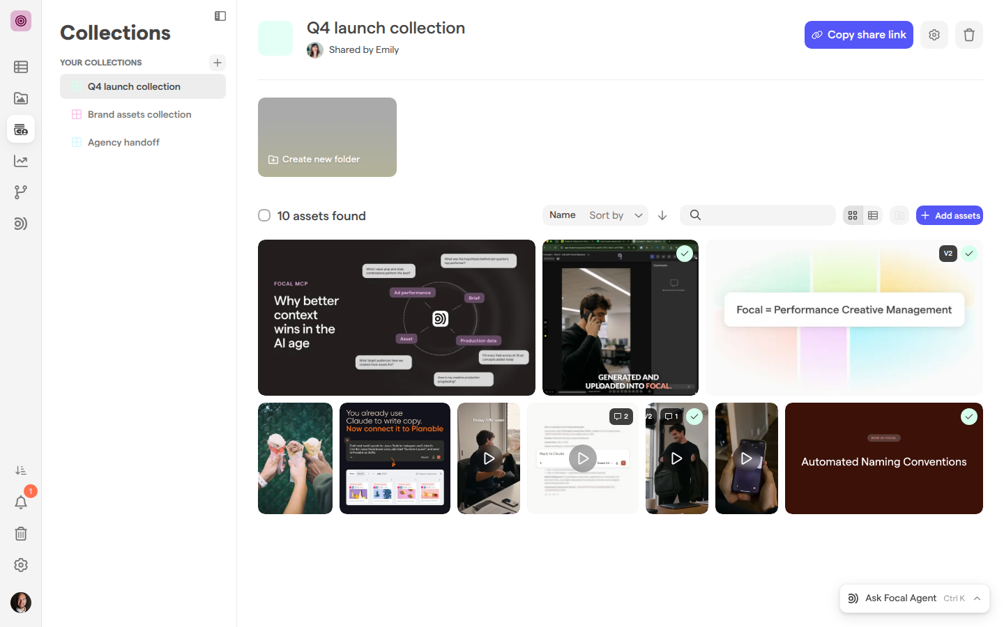 The Q4 launch collection, with Copy share link at the top right and its ten assets in a grid.