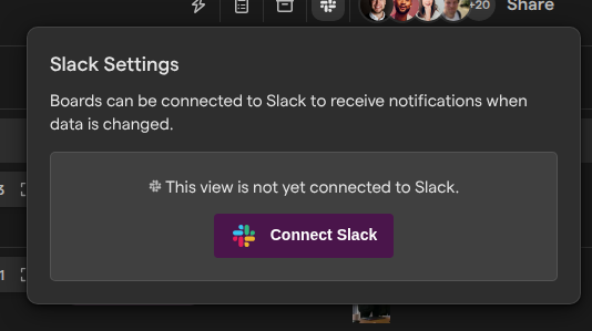 The Slack Settings popover on a board view that is not connected to Slack yet, with the Connect Slack button.