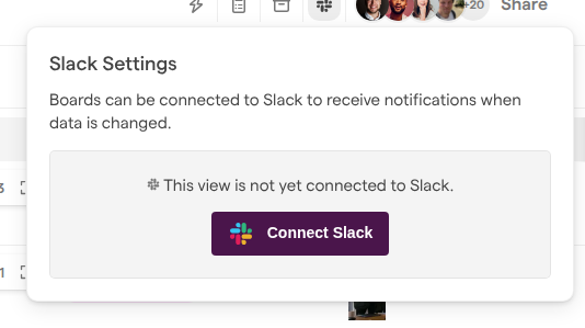 The Slack Settings popover on a board view that is not connected to Slack yet, with the Connect Slack button.
