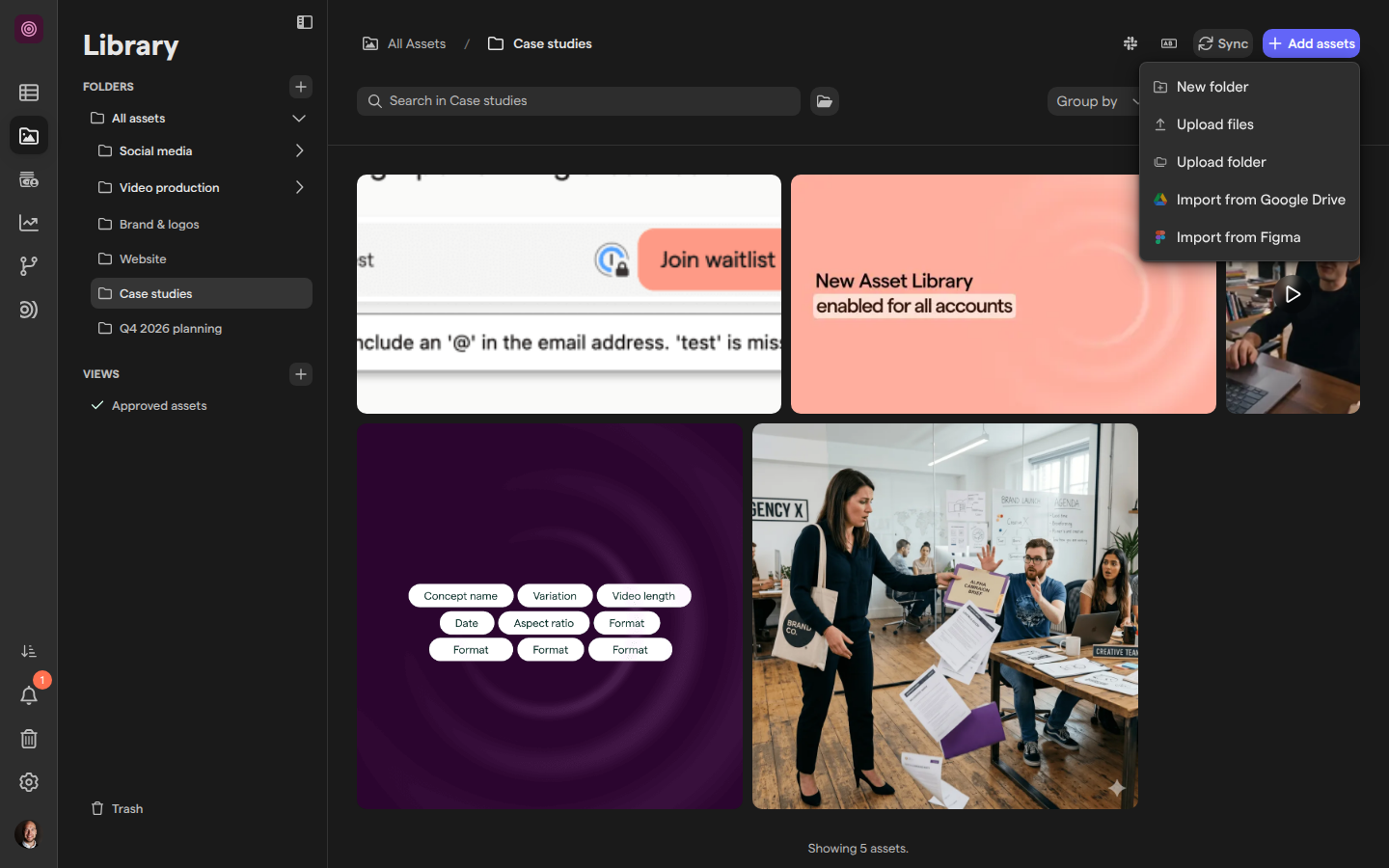 A top-level library folder with the Sync button in its header and the Add assets menu open, showing Import from Google Drive.