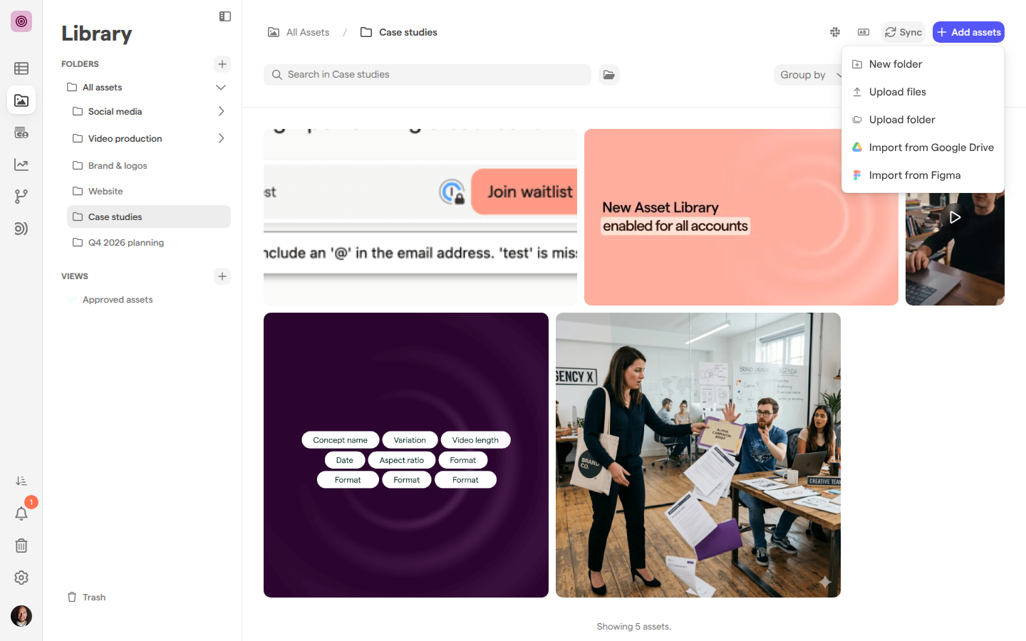 A top-level library folder with the Sync button in its header and the Add assets menu open, showing Import from Google Drive.
