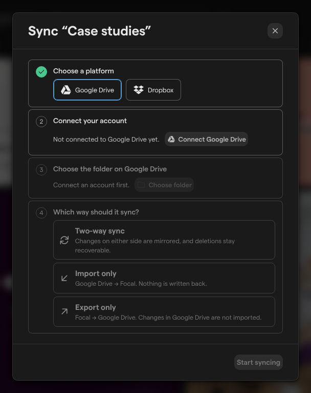 The Sync Case studies dialog with Google Drive picked, Connect Google Drive in step 2, and the three sync directions in step 4.