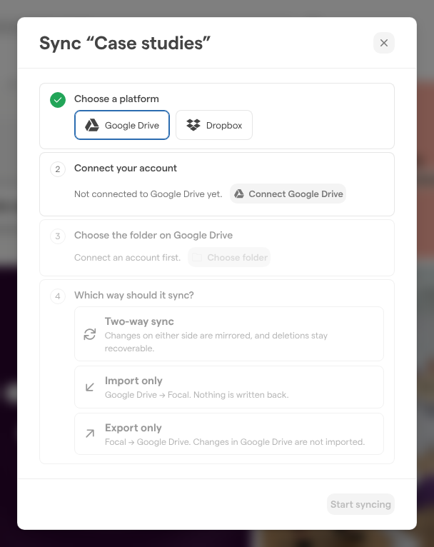 The Sync Case studies dialog with Google Drive picked, Connect Google Drive in step 2, and the three sync directions in step 4.