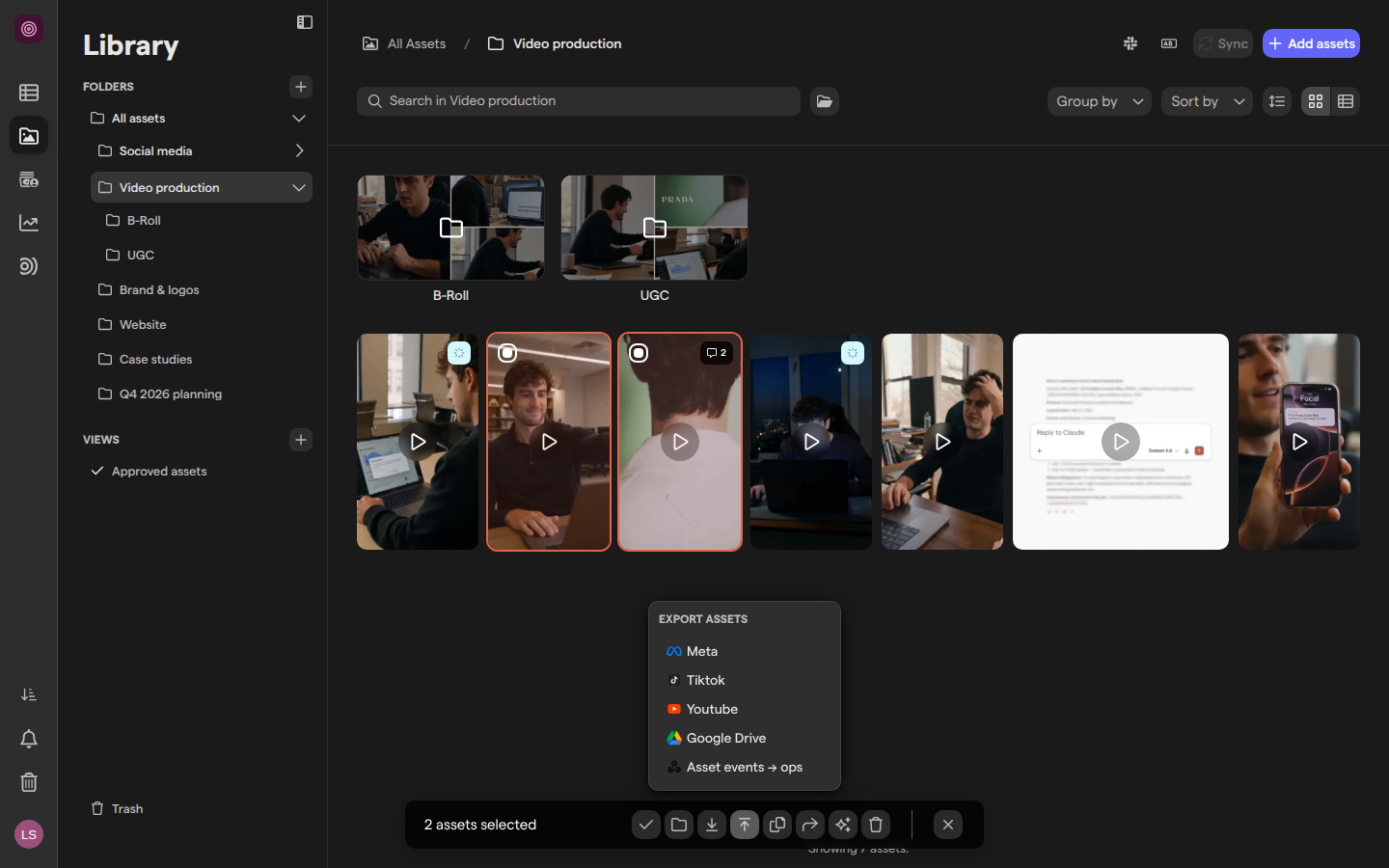 The Video production folder with two videos selected and the Export assets menu open, listing Meta, Tiktok, Youtube, Google Drive and a webhook.