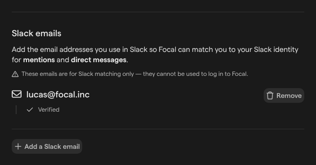 The Slack emails section of User Settings, listing one verified email with Add a Slack email below it.