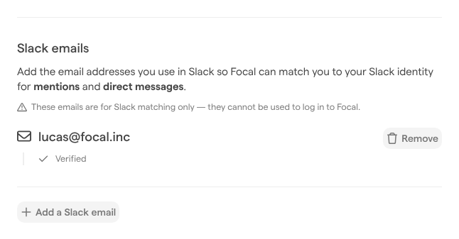 The Slack emails section of User Settings, listing one verified email with Add a Slack email below it.