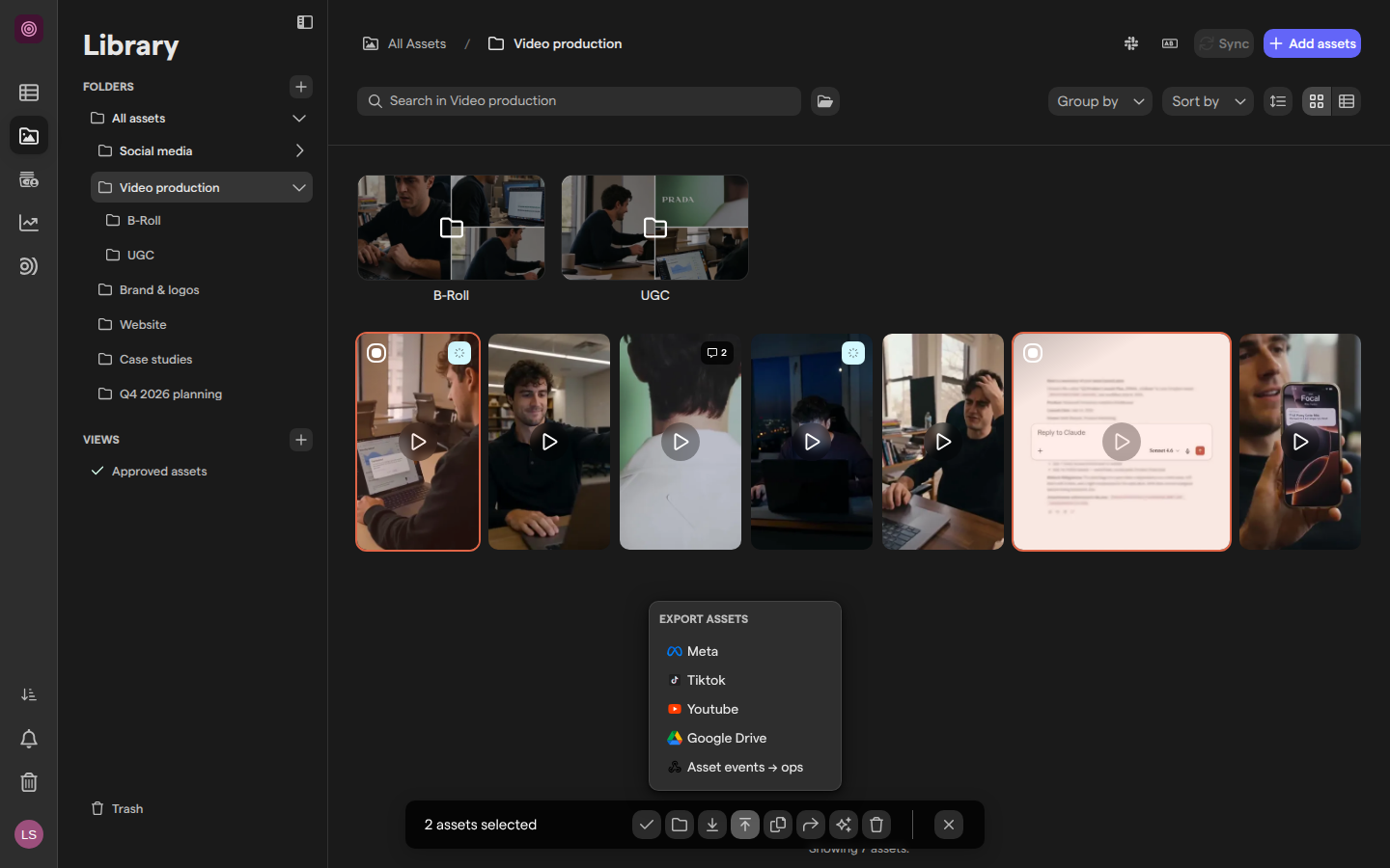 The Video production folder with two videos selected and the Export assets menu open, listing Meta, Tiktok, Youtube, Google Drive and a webhook.