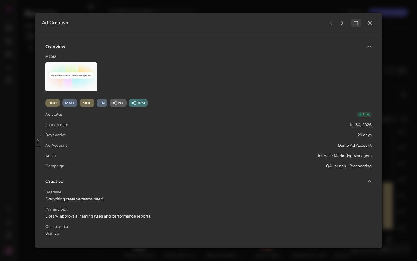 The ad window for one ad with the preview hidden, showing its attribute tags, ad status, launch date, ad account, ad set, campaign and creative text.