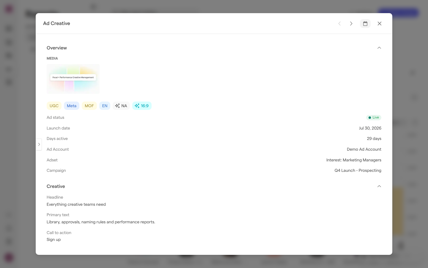 The ad window for one ad with the preview hidden, showing its attribute tags, ad status, launch date, ad account, ad set, campaign and creative text.