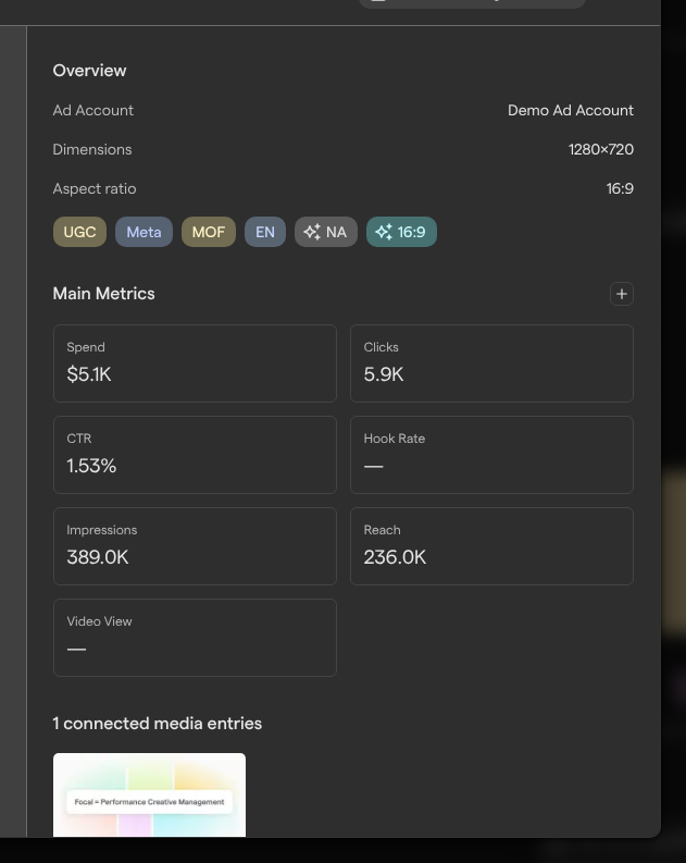 The details column of the creative window, with the creative’s ad account, dimensions, aspect ratio, attribute tags, main metrics and its connected media entry.