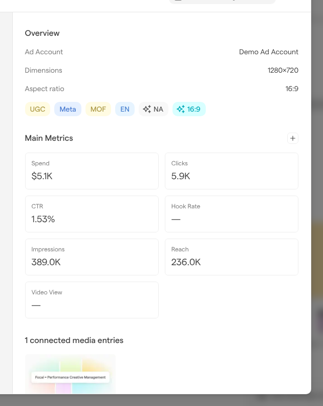 The details column of the creative window, with the creative’s ad account, dimensions, aspect ratio, attribute tags, main metrics and its connected media entry.