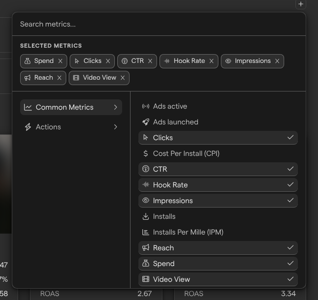 The metric picker with the selected metrics at the top and the Common Metrics group open below.
