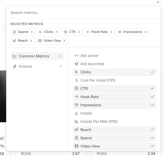 The metric picker with the selected metrics at the top and the Common Metrics group open below.