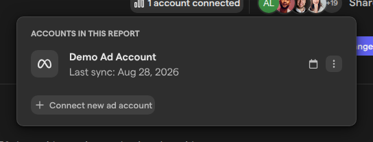 The ad accounts menu of a report, listing Demo Ad Account under Accounts in this report with its last sync date, and the Connect new ad account button.